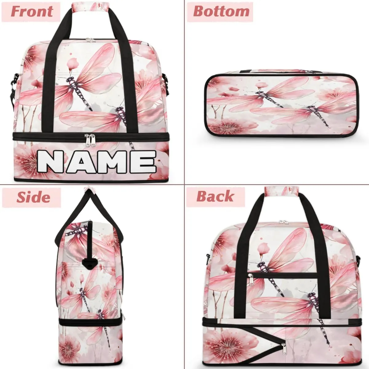 Dragonfly Animal Flower Custom Foldable Duffle Bag with Shoes Compartment Personalized Large Capacity Waterproof Travel Weekender Bag Overnight Bag for Sports Gym
