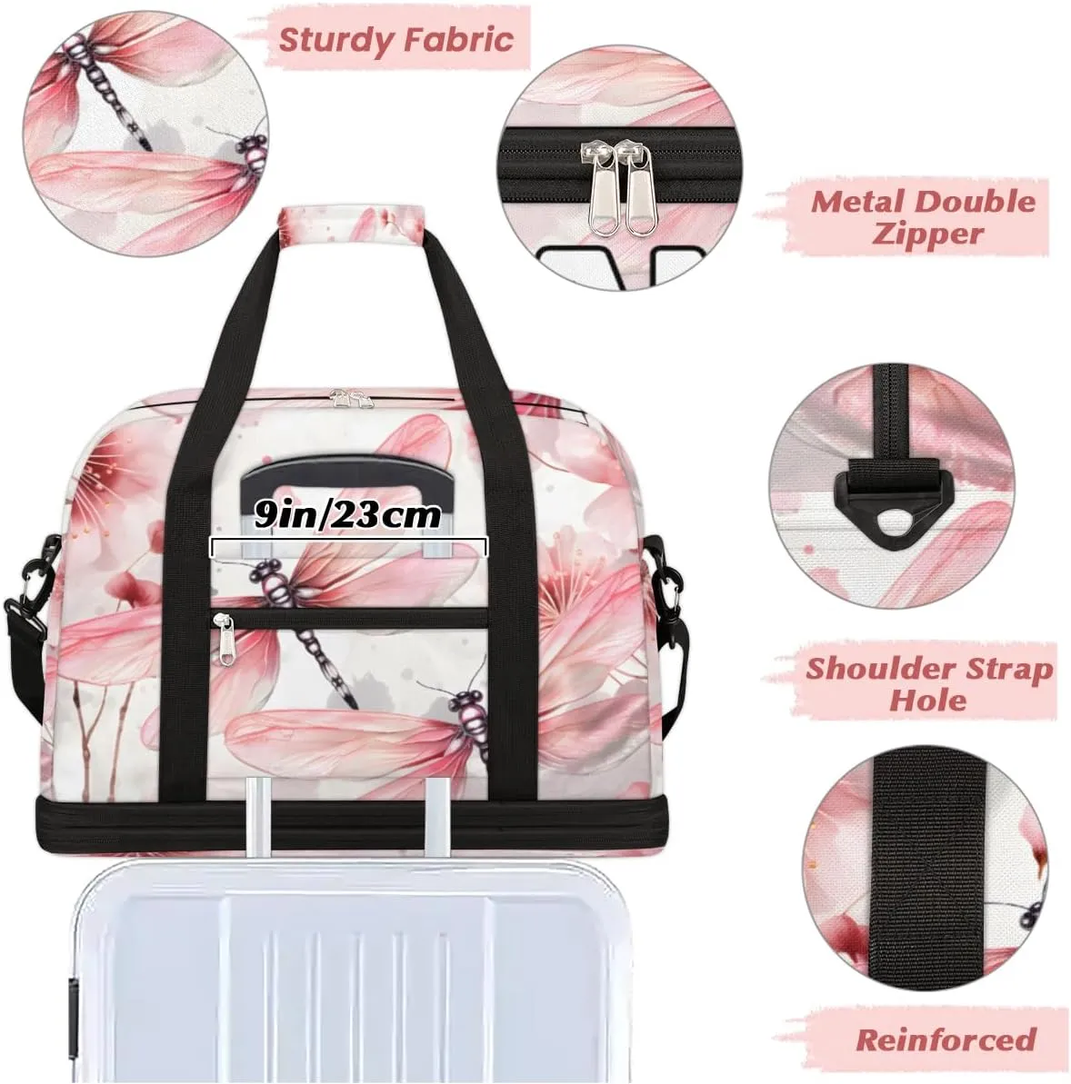 Dragonfly Animal Flower Custom Foldable Duffle Bag with Shoes Compartment Personalized Large Capacity Waterproof Travel Weekender Bag Overnight Bag for Sports Gym