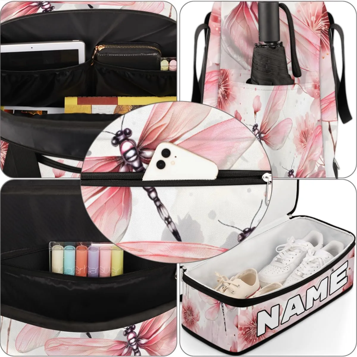 Dragonfly Animal Flower Custom Foldable Duffle Bag with Shoes Compartment Personalized Large Capacity Waterproof Travel Weekender Bag Overnight Bag for Sports Gym