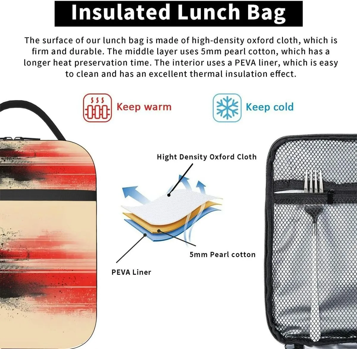 dramatic red black and white abstract poster grainy gradient Insulated Iunch Bag for Men Woman Large Portable Waterproof Reusable Thermal Lunch Box with Pockets for Work Travel Picnic