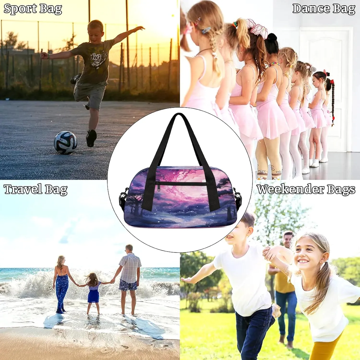 Dreamy Starry Sky Kids Duffel Bag Lightweight Waterproof Sports Gym Bag with Front Zipper Pocket Foldable Weekender Overnight Bag for School Practice Gymnastic Ballet
