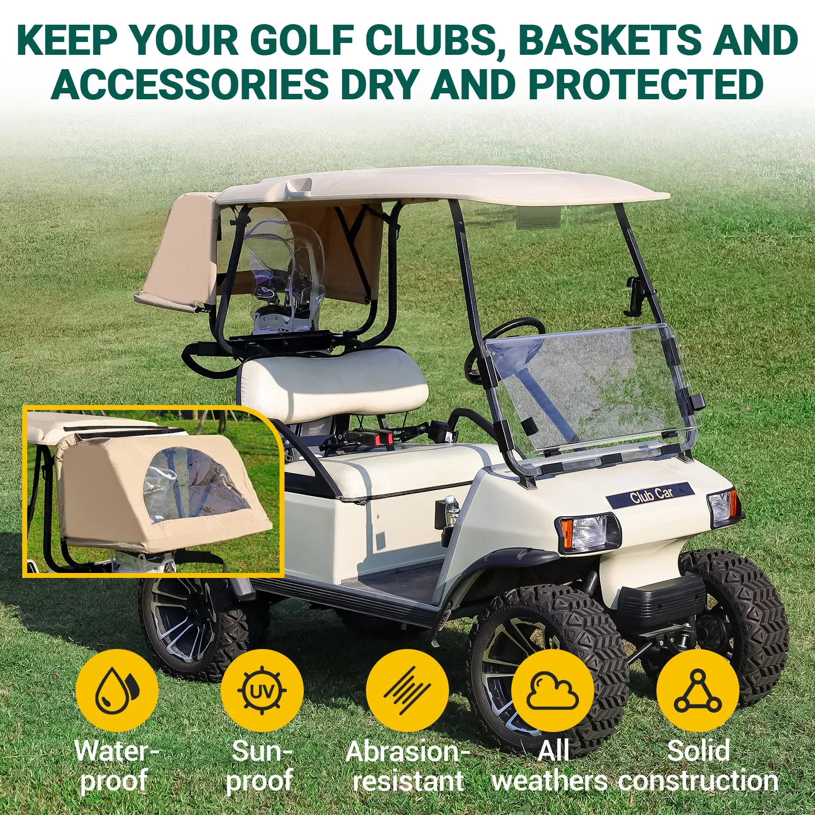 Drive-up Golf Cart Universal Rear Bag Rain Cover, Foldable Rain Cover - Beige