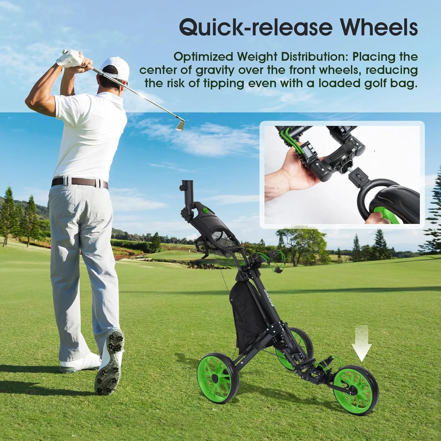 DRUIDS 3 Wheel Golf Push Cart : Lightweight Compact Golf Walking Cart with Cooler, Flat Fold Golf Trolley with Brake, Pull Behind Manual Golf Caddy with Cup Umbrella Holder