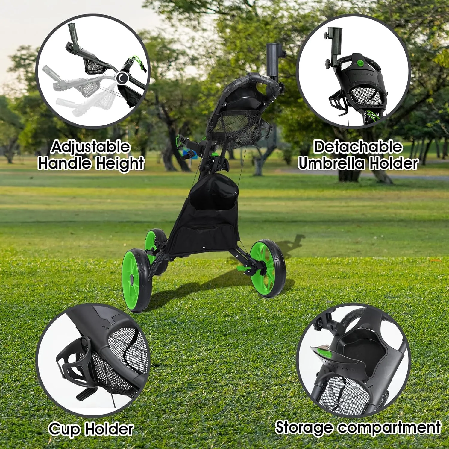 DRUIDS 3 Wheel Golf Push Cart : Lightweight Compact Golf Walking Cart with Cooler, Flat Fold Golf Trolley with Brake, Pull Behind Manual Golf Caddy with Cup Umbrella Holder