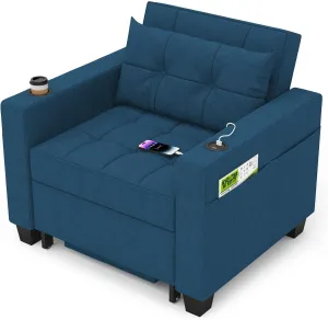 DURASPACE 36.6" Futon Chair Bed Convertible Chair 3-in-1 Pull Out Sleeper Reading Chair Beds with USB, Armchair Sleeper Bed for Living Room, Dorm, Small Space (Blue Linen)