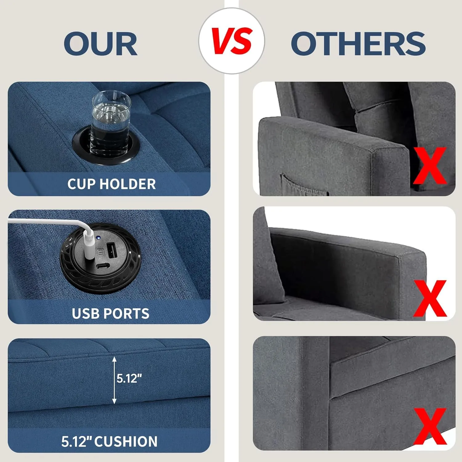 DURASPACE 36.6" Futon Chair Bed Convertible Chair 3-in-1 Pull Out Sleeper Reading Chair Beds with USB, Armchair Sleeper Bed for Living Room, Dorm, Small Space (Blue Linen)