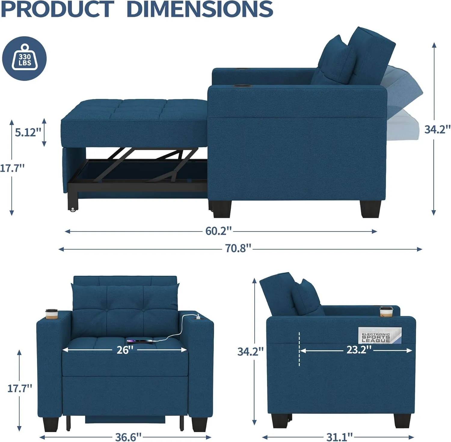 DURASPACE 36.6" Futon Chair Bed Convertible Chair 3-in-1 Pull Out Sleeper Reading Chair Beds with USB, Armchair Sleeper Bed for Living Room, Dorm, Small Space (Blue Linen)