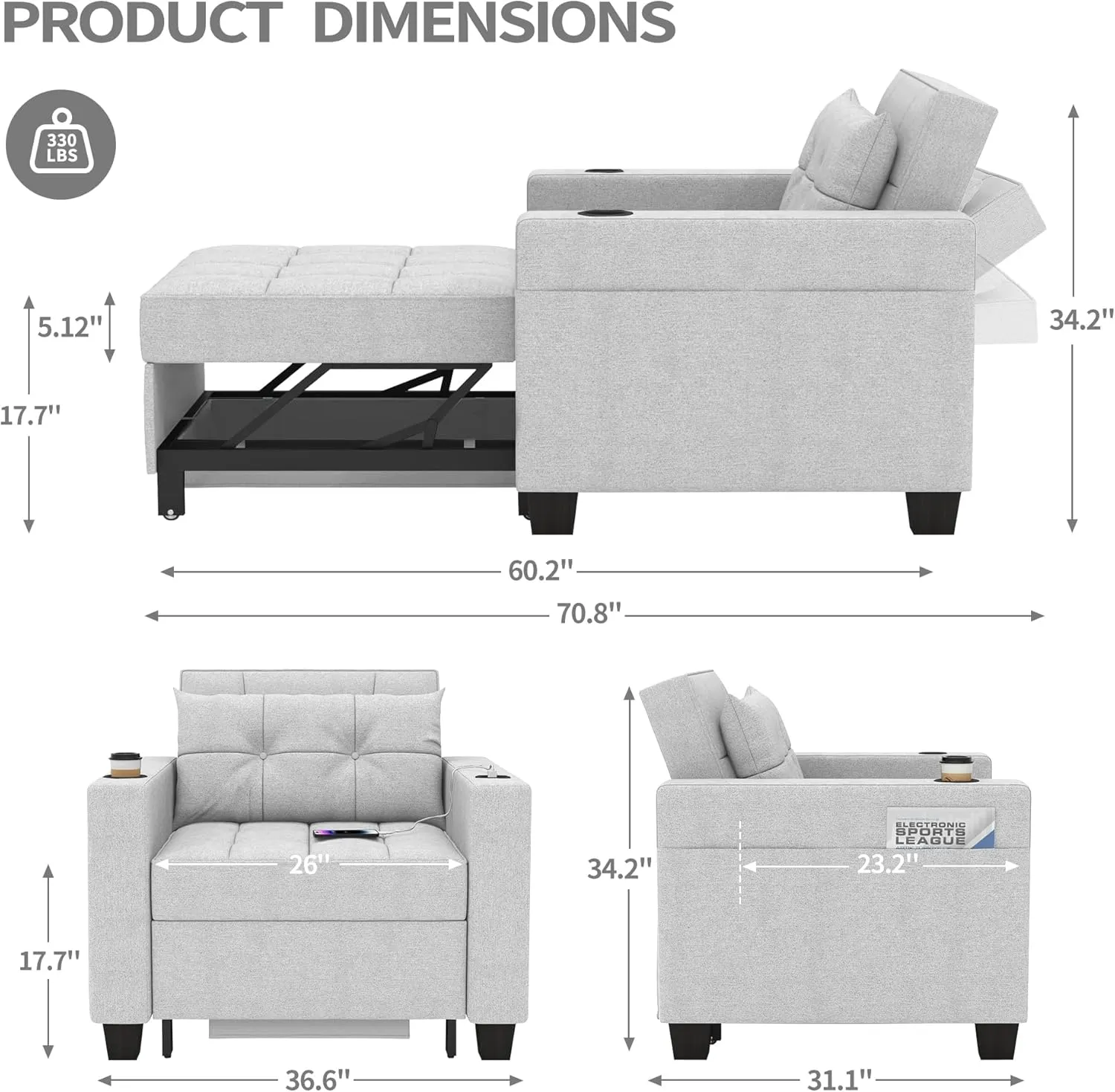 DURASPACE 36.6" Futon Chair Bed Convertible Chair 3-in-1 Pull Out Sleeper Reading Chair Beds with USB, Armchair Sleeper Bed for Living Room, Dorm, Small Space (Light Gray Linen)