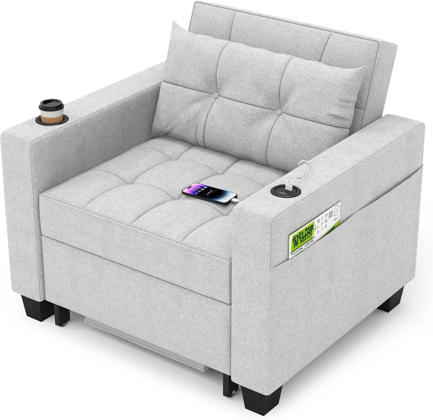 DURASPACE 36.6" Futon Chair Bed Convertible Chair 3-in-1 Pull Out Sleeper Reading Chair Beds with USB, Armchair Sleeper Bed for Living Room, Dorm, Small Space (Light Gray Linen)