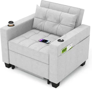 DURASPACE 36.6" Futon Chair Bed Convertible Chair 3-in-1 Pull Out Sleeper Reading Chair Beds with USB, Armchair Sleeper Bed for Living Room, Dorm, Small Space (Light Gray Linen)
