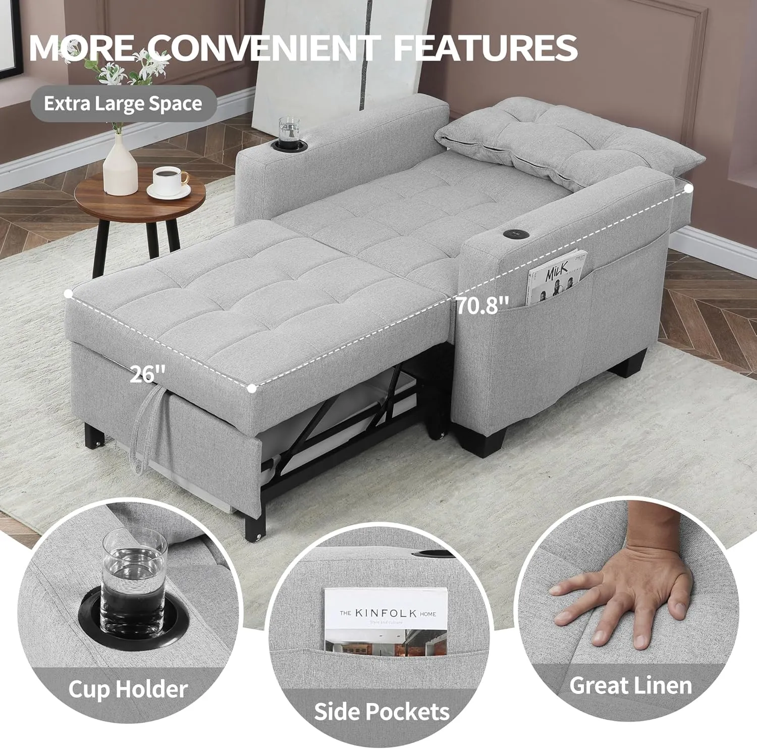DURASPACE 36.6" Futon Chair Bed Convertible Chair 3-in-1 Pull Out Sleeper Reading Chair Beds with USB, Armchair Sleeper Bed for Living Room, Dorm, Small Space (Light Gray Linen)