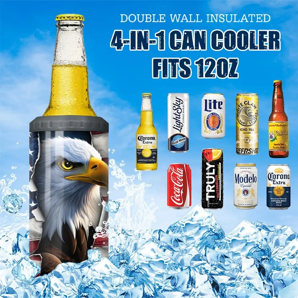 Eagle American Flag Tumbler 16oz, Eagle 4-in-1 Slim Can Cooler Double Walled Stainless Steel Insulated, Fits All 12oz Cans Beer Bottles, Gifts for Men Dad Grandpa Veteran Day July 4th