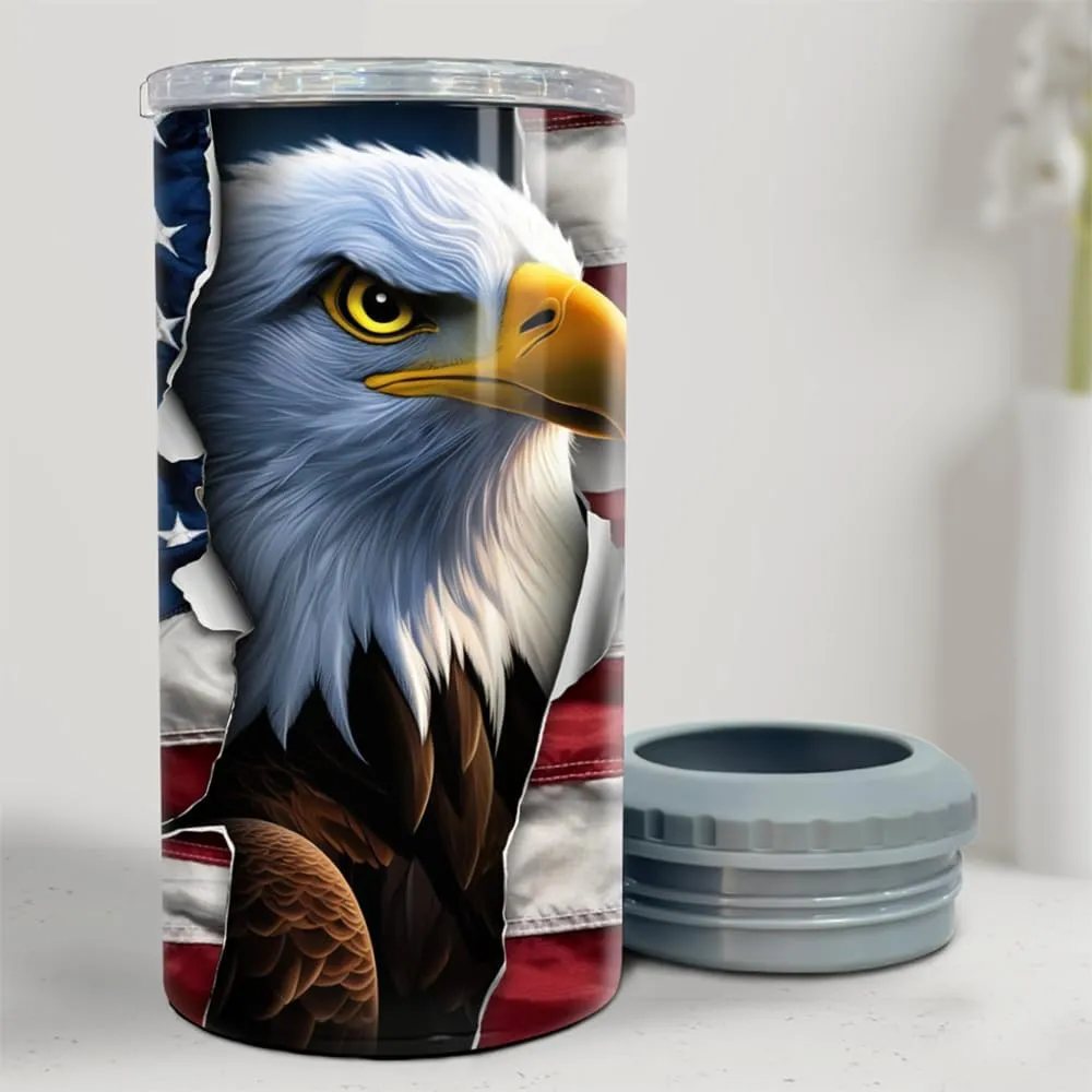 Eagle American Flag Tumbler 16oz, Eagle 4-in-1 Slim Can Cooler Double Walled Stainless Steel Insulated, Fits All 12oz Cans Beer Bottles, Gifts for Men Dad Grandpa Veteran Day July 4th