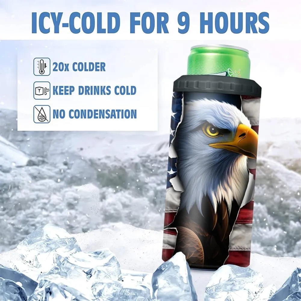 Eagle American Flag Tumbler 16oz, Eagle 4-in-1 Slim Can Cooler Double Walled Stainless Steel Insulated, Fits All 12oz Cans Beer Bottles, Gifts for Men Dad Grandpa Veteran Day July 4th