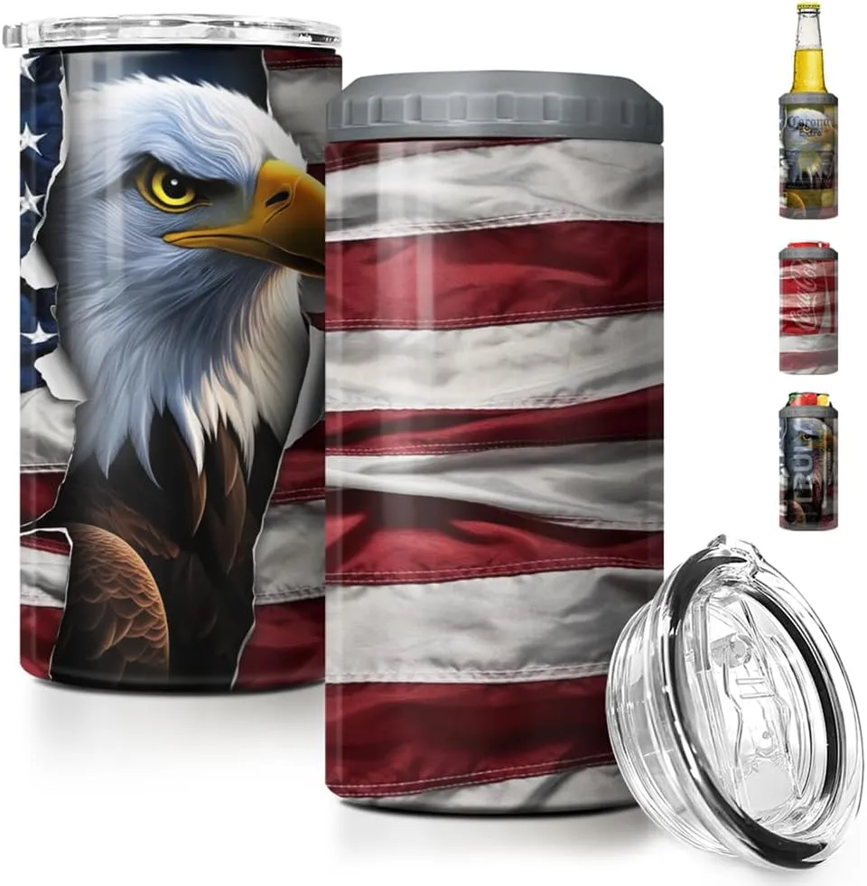 Eagle American Flag Tumbler 16oz, Eagle 4-in-1 Slim Can Cooler Double Walled Stainless Steel Insulated, Fits All 12oz Cans Beer Bottles, Gifts for Men Dad Grandpa Veteran Day July 4th