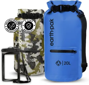 Earth Pak Waterproof Dry Bag with Zippered Pocket - Waterproof Dry Bag Backpack Keeps Gear Dry (10L Camo & 20L Blue)