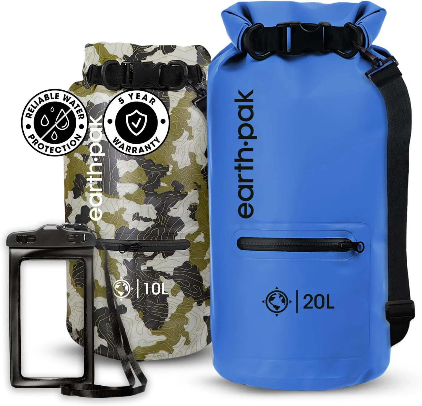 Earth Pak Waterproof Dry Bag with Zippered Pocket - Waterproof Dry Bag Backpack Keeps Gear Dry (10L Camo & 20L Blue)