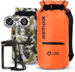 Earth Pak Waterproof Dry Bag with Zippered Pocket - Waterproof Dry Bag Backpack Keeps Gear Dry (10L Camo & 20L Orange)