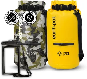 Earth Pak Waterproof Dry Bag with Zippered Pocket - Waterproof Dry Bag Backpack Keeps Gear Dry (20L Camo & 20L Yellow)