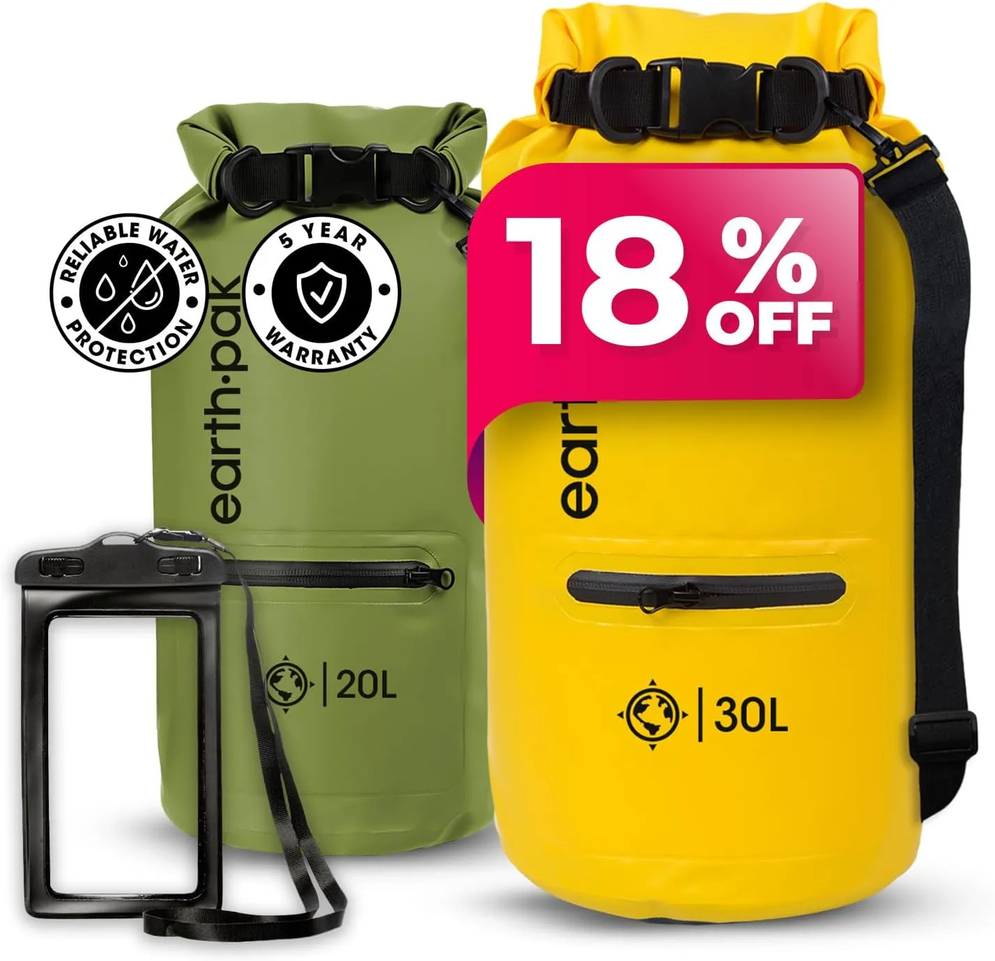 Earth Pak Waterproof Dry Bag with Zippered Pocket - Waterproof Dry Bag Backpack Keeps Gear Dry (20L Green & 30L Yellow)