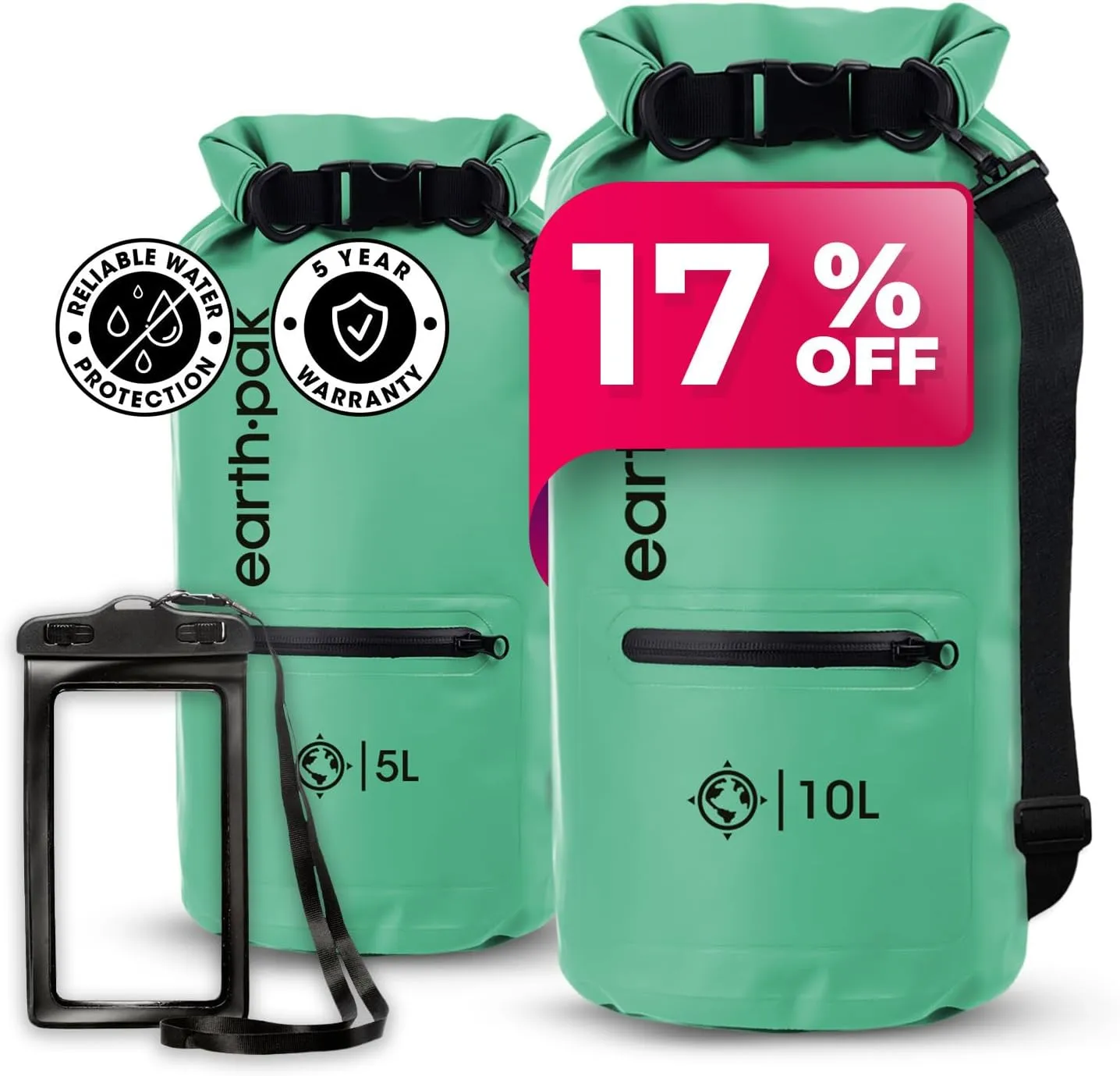 Earth Pak Waterproof Dry Bag with Zippered Pocket - Waterproof Dry Bag Backpack Keeps Gear Dry (5L Seafoam & 10L Seafoam)