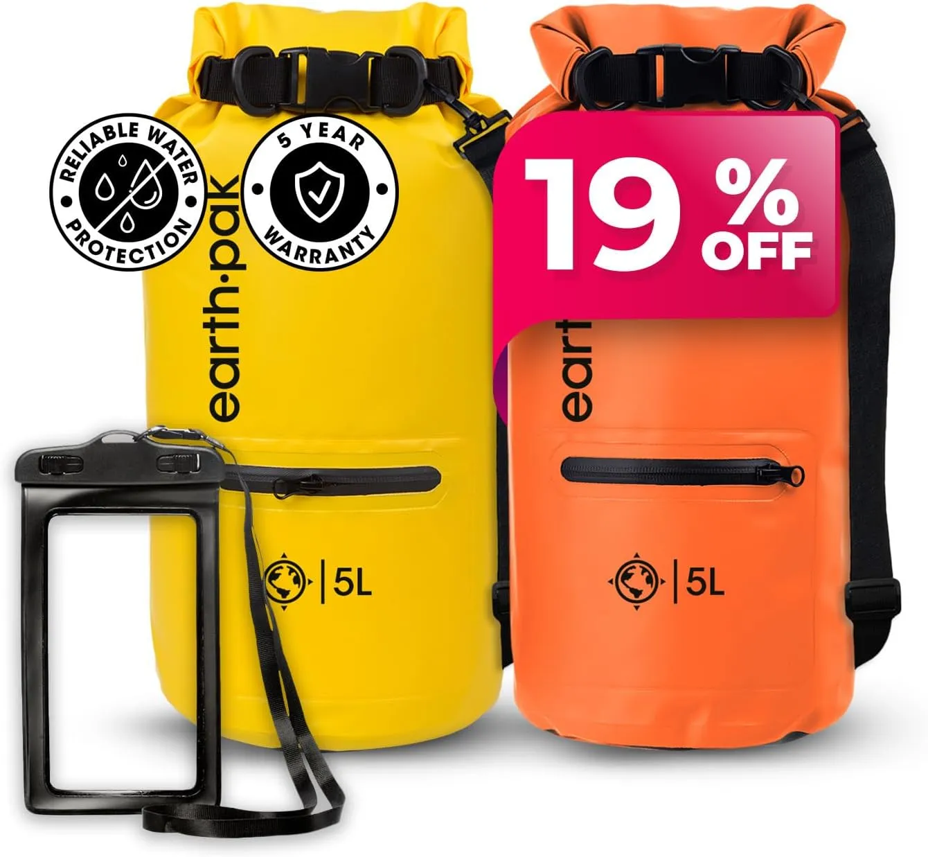 Earth Pak Waterproof Dry Bag with Zippered Pocket - Waterproof Dry Bag Backpack Keeps Gear Dry (5L Yellow & 5L Orange)