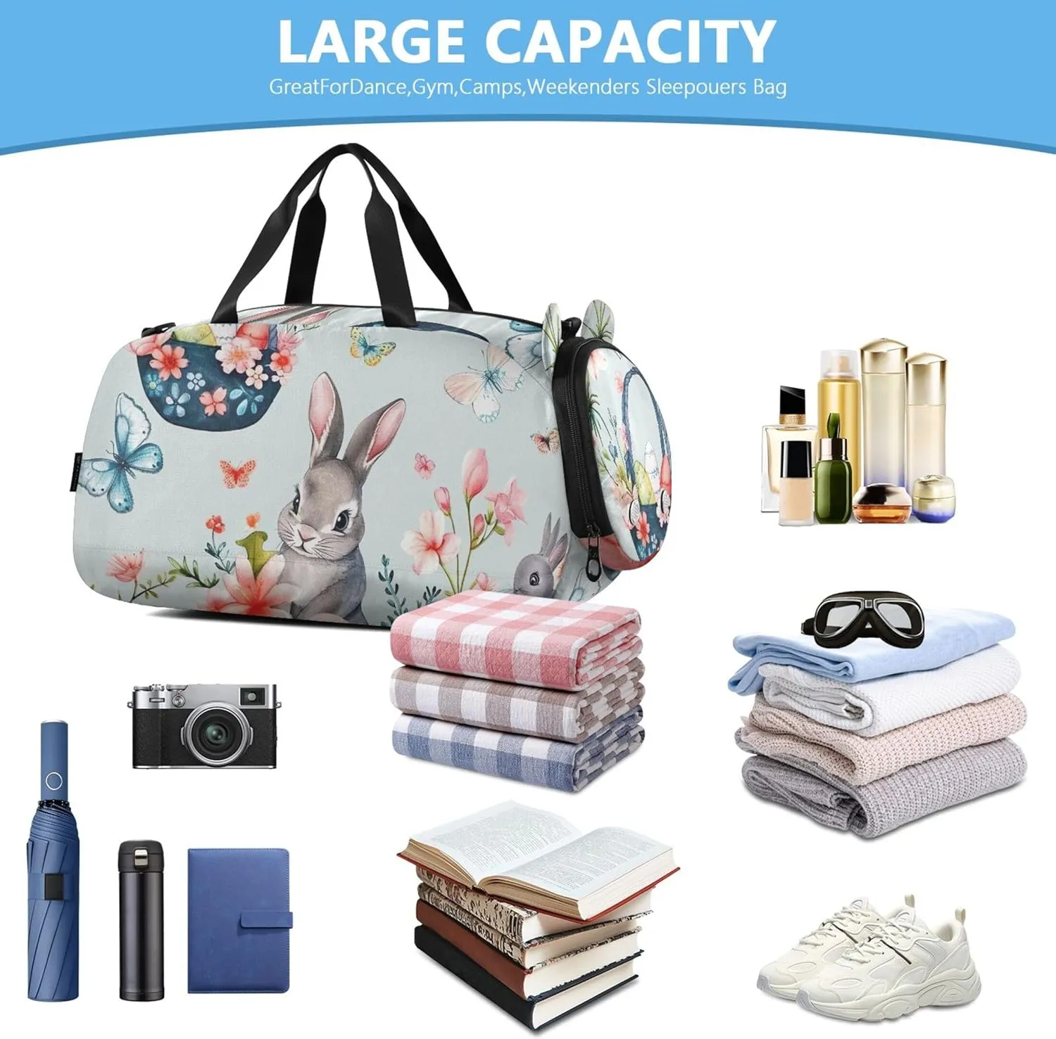 Easter Baskets Flowers Rabbits Girls Duffle Bags Travel Tote Weekend Duffel Overnight Luggage Kids Sports Carry on Duffel Bag for Boys