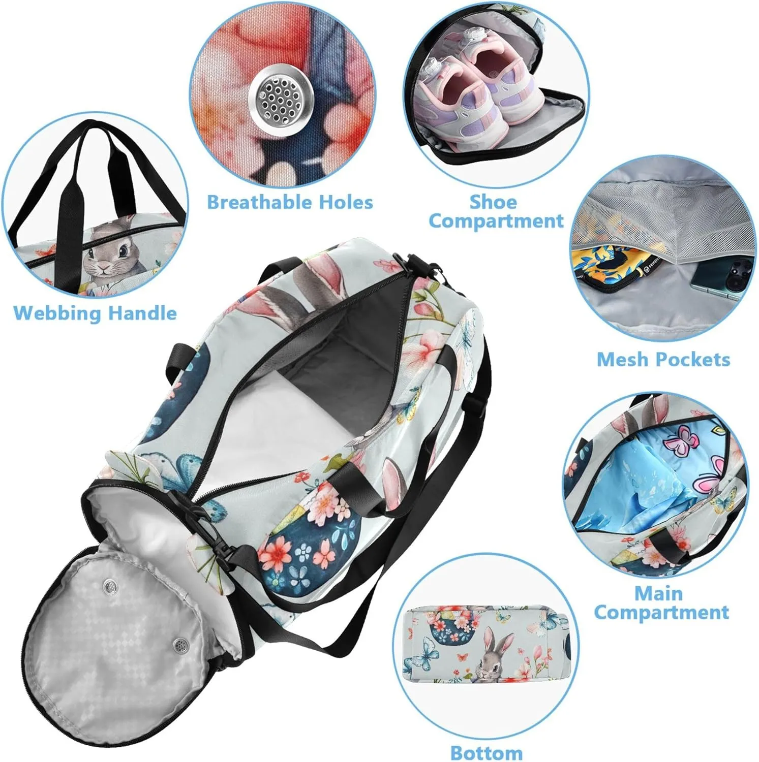 Easter Baskets Flowers Rabbits Girls Duffle Bags Travel Tote Weekend Duffel Overnight Luggage Kids Sports Carry on Duffel Bag for Boys