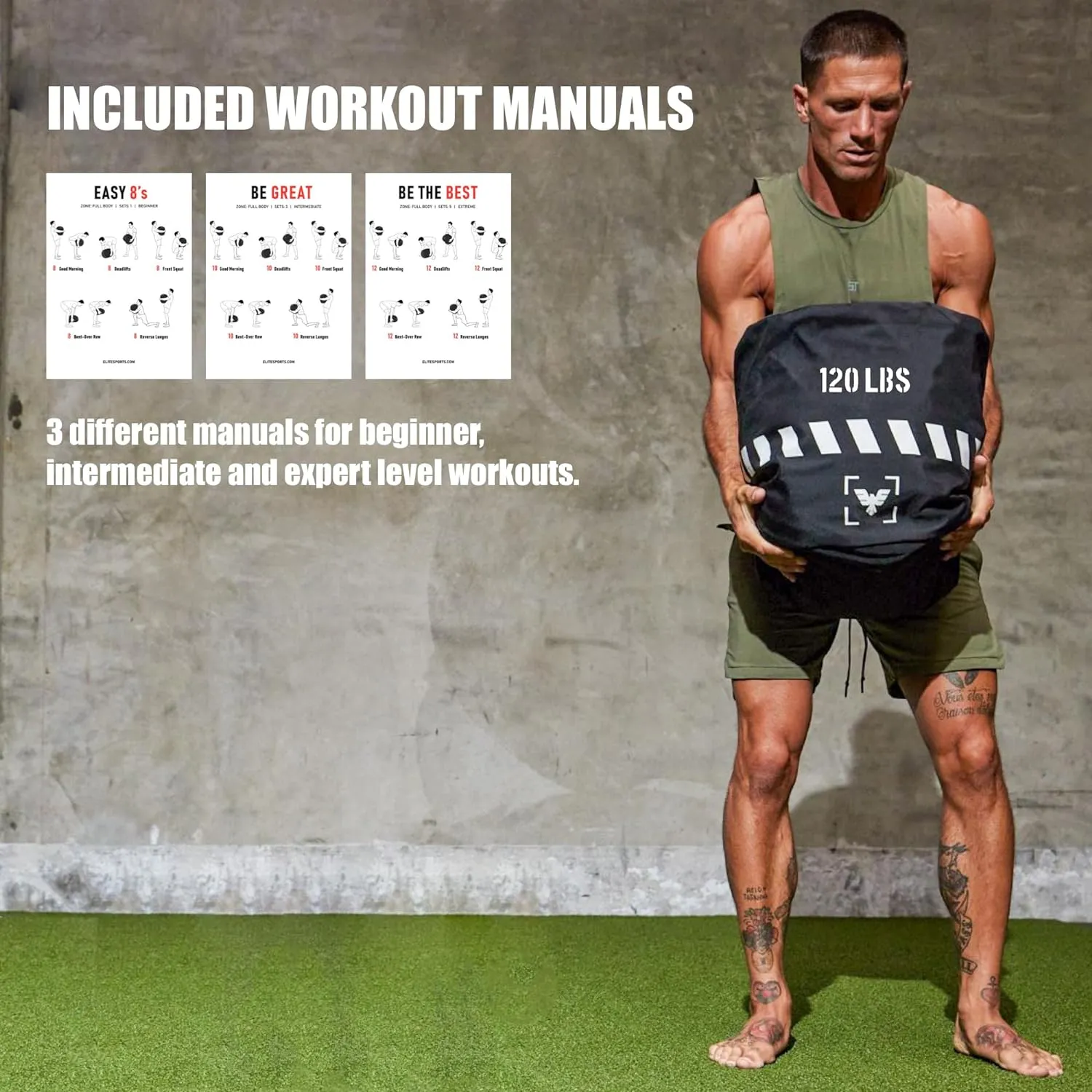 Elite Sports Workout Sandbag, Unfilled Heavy-Duty Strongman Sand Bags for Full-Body & Core Training, Weight Lifting, Combat Conditioning