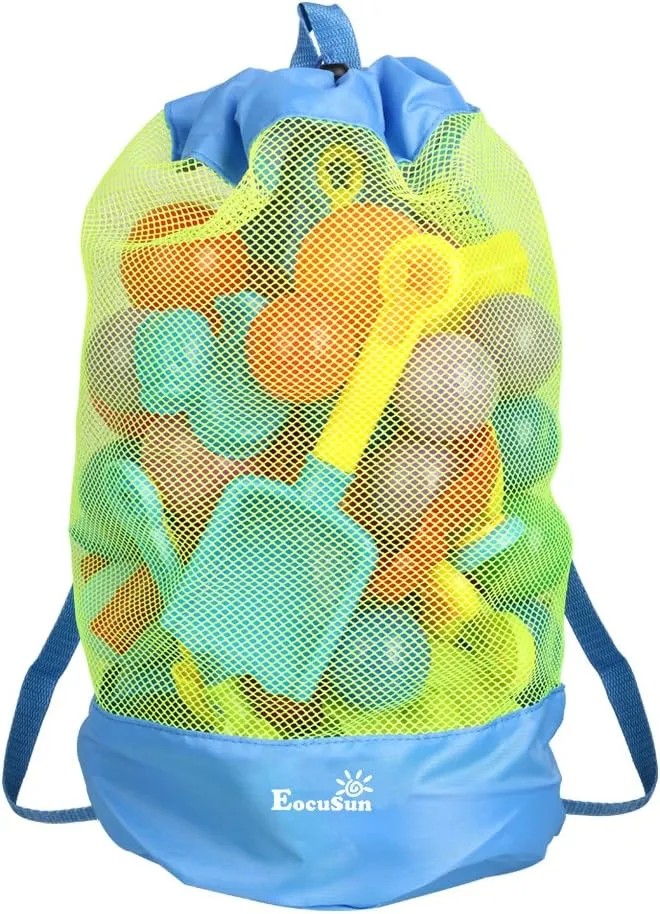 EocuSun Large Mesh Beach Bag Tote Durable Sand Away Drawstring Beach Backpack Swim and Pool Toys Balls Storage Bags Packs, Stay Away from Sand and Water, Toy Not Included