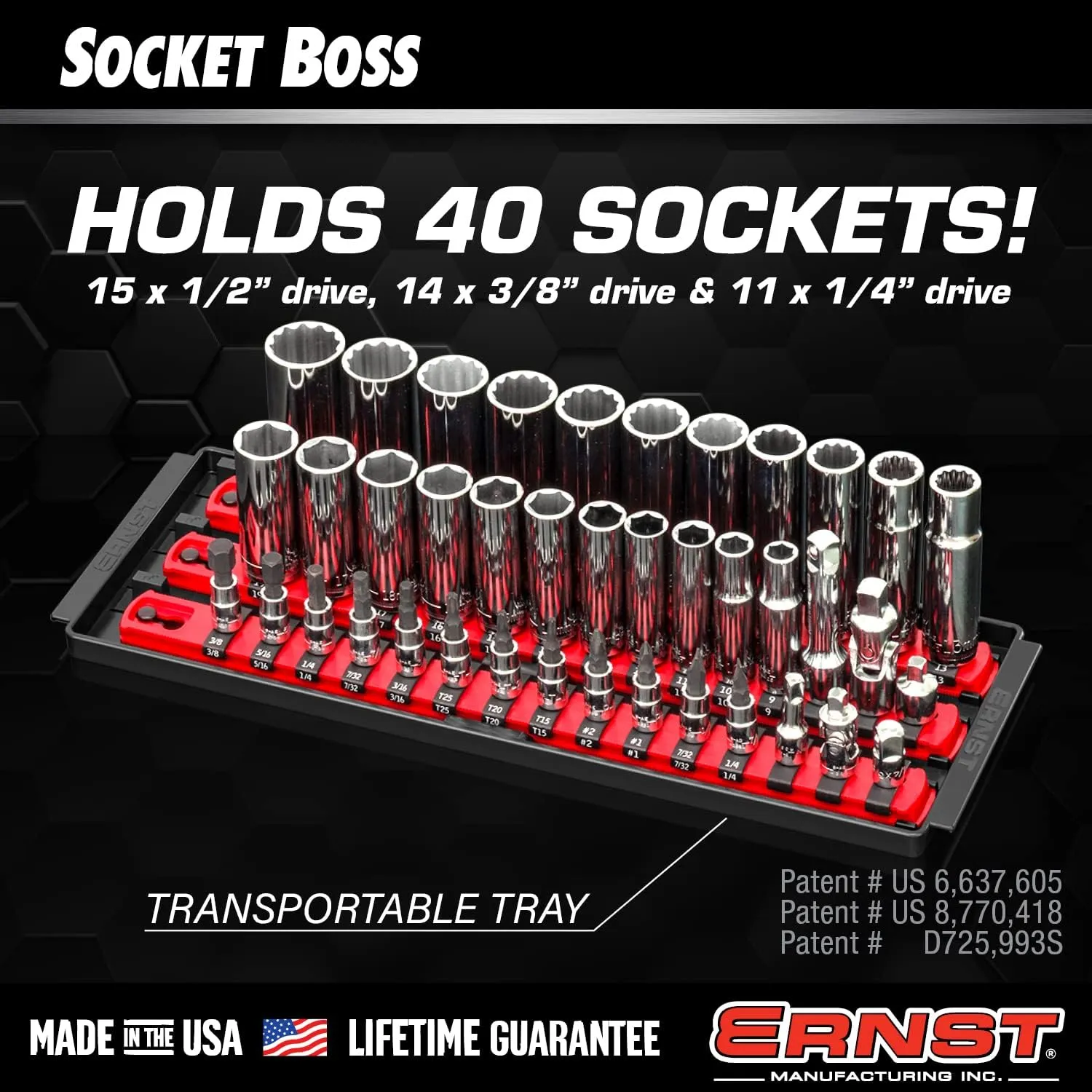 Ernst Manufacturing 8491 Socket Boss Multi-Drive Socket Organizer Tray with 13” Socket Rails, Blue – Drive Socket Storage Tray for Automotive Service Technician’s Toolbox - Made in USA