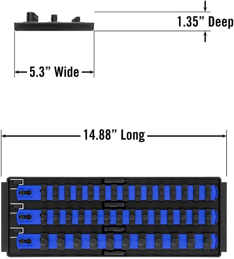 Ernst Manufacturing 8491 Socket Boss Multi-Drive Socket Organizer Tray with 13” Socket Rails, Blue – Drive Socket Storage Tray for Automotive Service Technician’s Toolbox - Made in USA