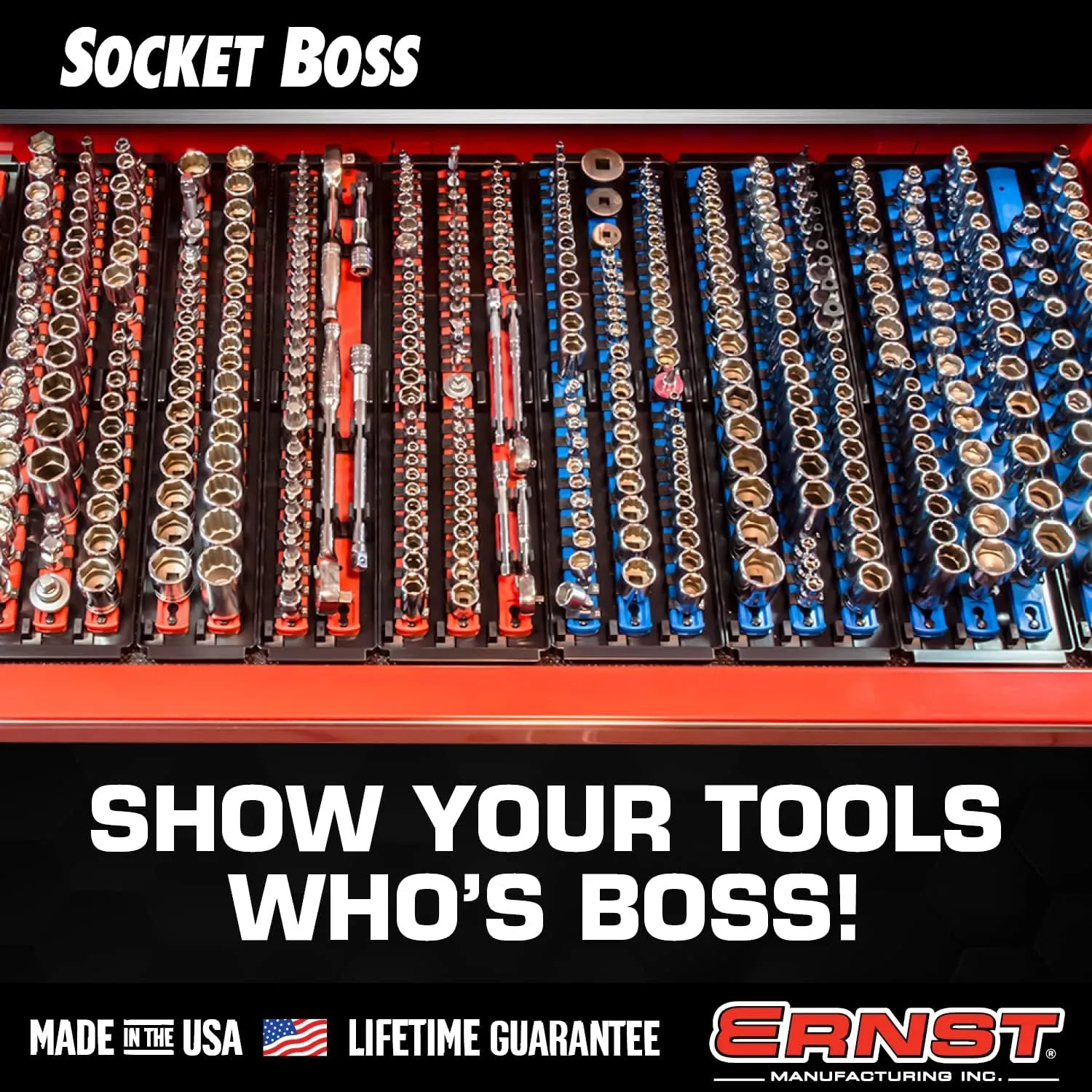 Ernst Manufacturing 8491 Socket Boss Multi-Drive Socket Organizer Tray with 13” Socket Rails, Blue – Drive Socket Storage Tray for Automotive Service Technician’s Toolbox - Made in USA