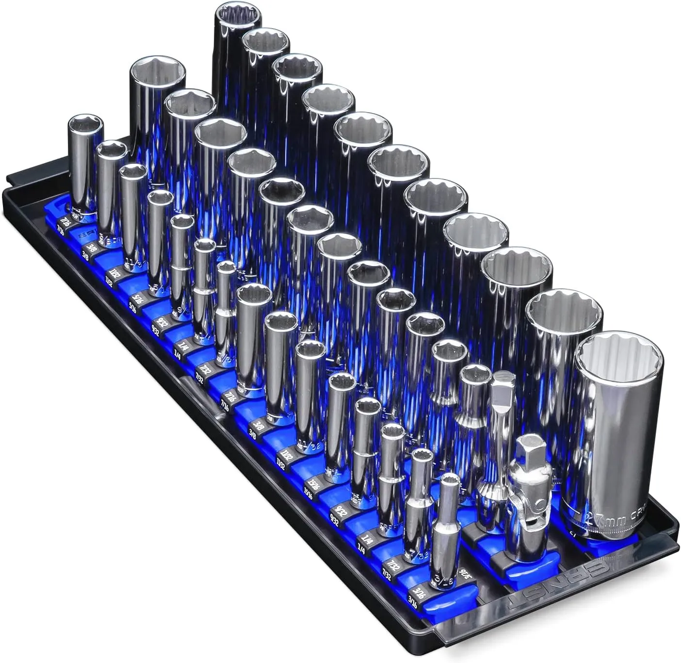 Ernst Manufacturing 8491 Socket Boss Multi-Drive Socket Organizer Tray with 13” Socket Rails, Blue – Drive Socket Storage Tray for Automotive Service Technician’s Toolbox - Made in USA