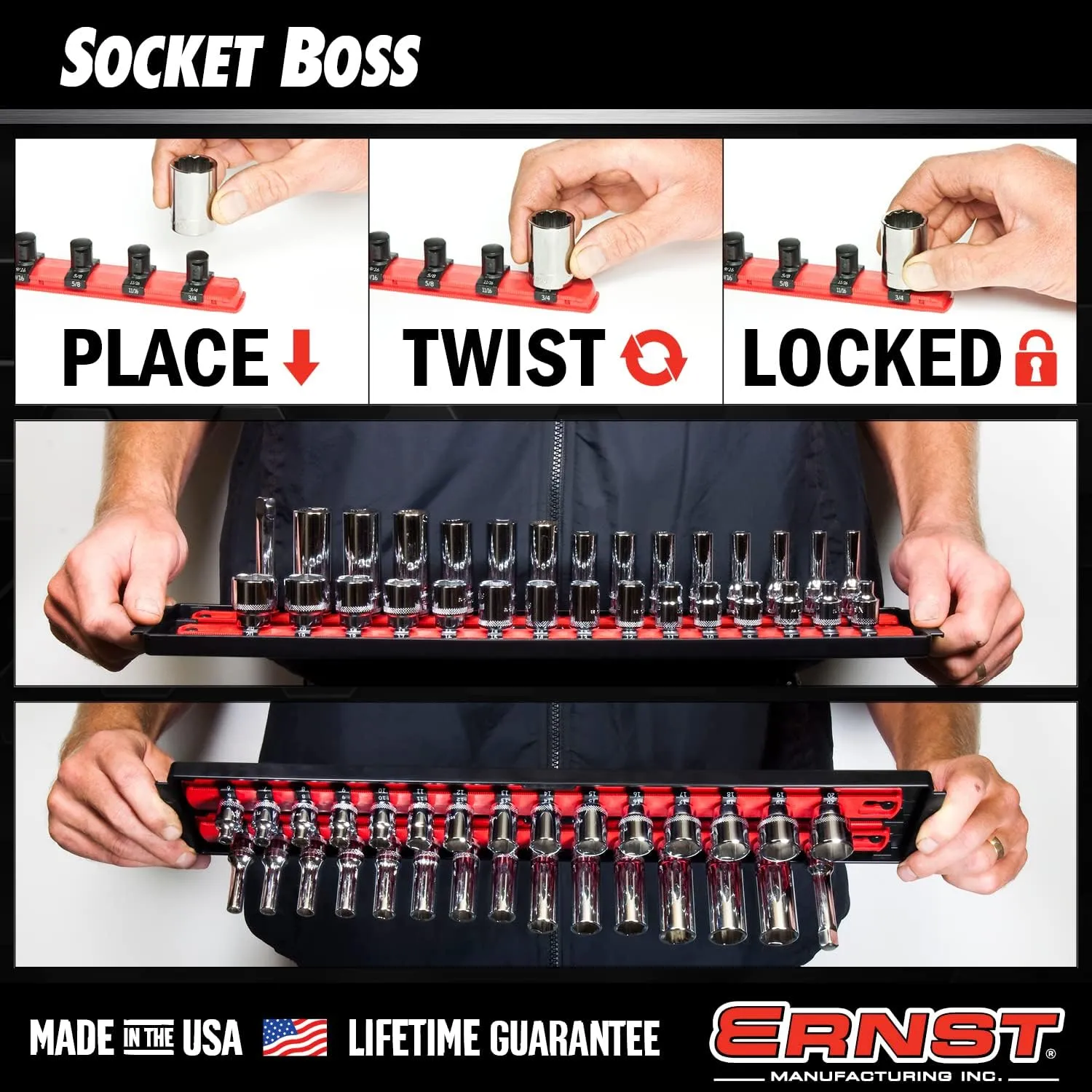 Ernst Manufacturing 8491 Socket Boss Multi-Drive Socket Organizer Tray with 13” Socket Rails, Blue – Drive Socket Storage Tray for Automotive Service Technician’s Toolbox - Made in USA