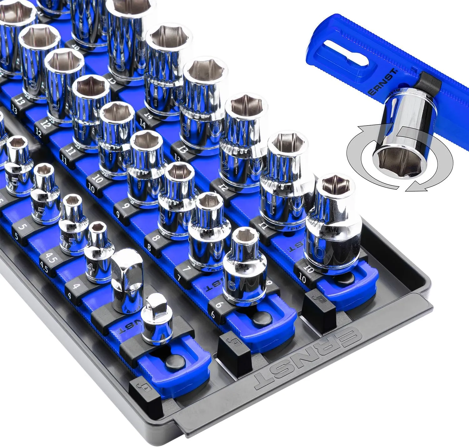 Ernst Manufacturing 8491 Socket Boss Multi-Drive Socket Organizer Tray with 13” Socket Rails, Blue – Drive Socket Storage Tray for Automotive Service Technician’s Toolbox - Made in USA