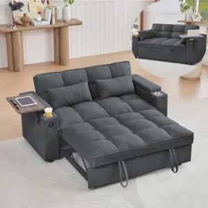ERYE Oversized Loveseat Sofa Convertible Sleeper Sofabed Modern Multifunctional 3 in 1 Convertible Sleeper Bed with Pull Out Sleep Couch Bed, Armrests Storage, Cupholders, USB Ports and Side Table