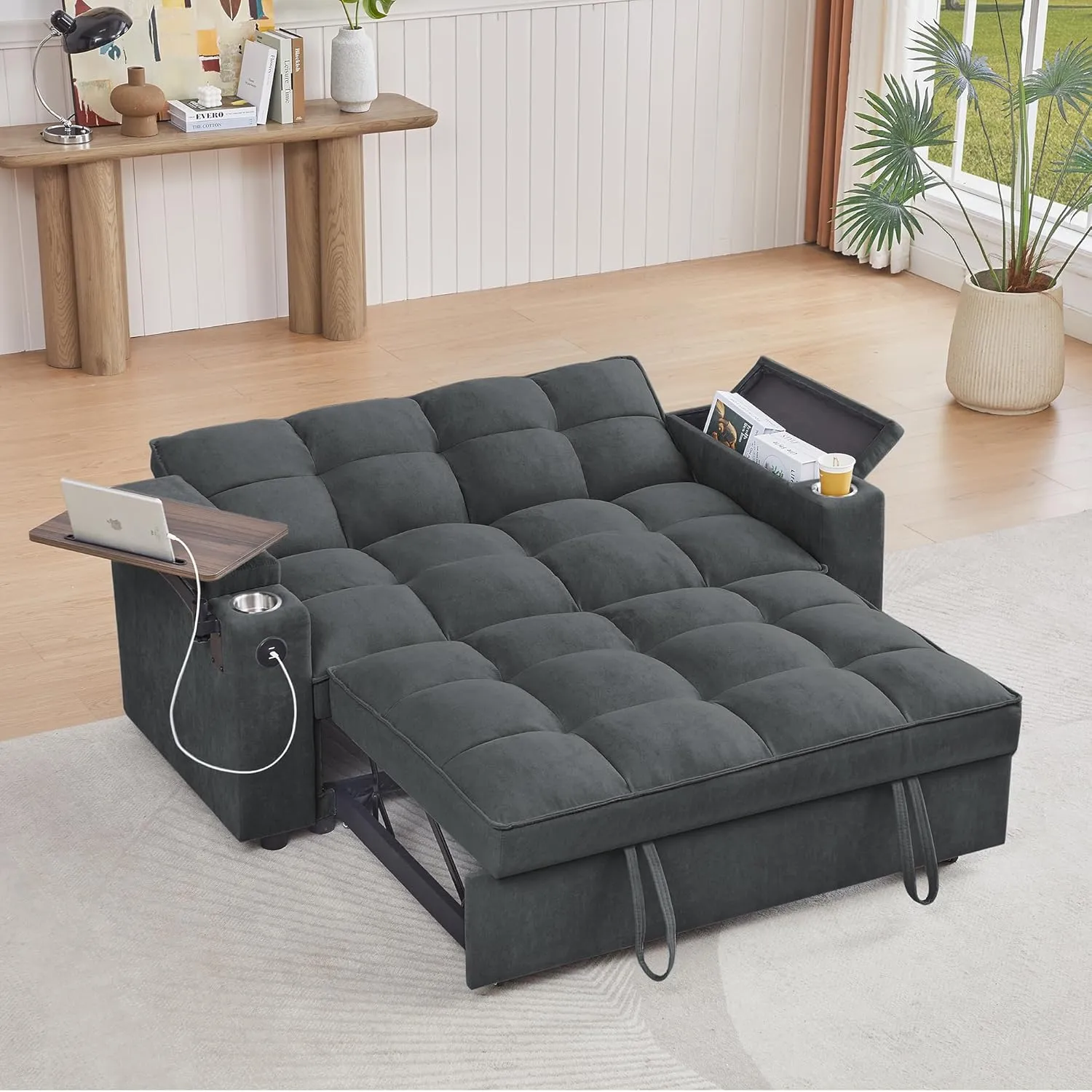 ERYE Oversized Loveseat Sofa Convertible Sleeper Sofabed Modern Multifunctional 3 in 1 Convertible Sleeper Bed with Pull Out Sleep Couch Bed, Armrests Storage, Cupholders, USB Ports and Side Table