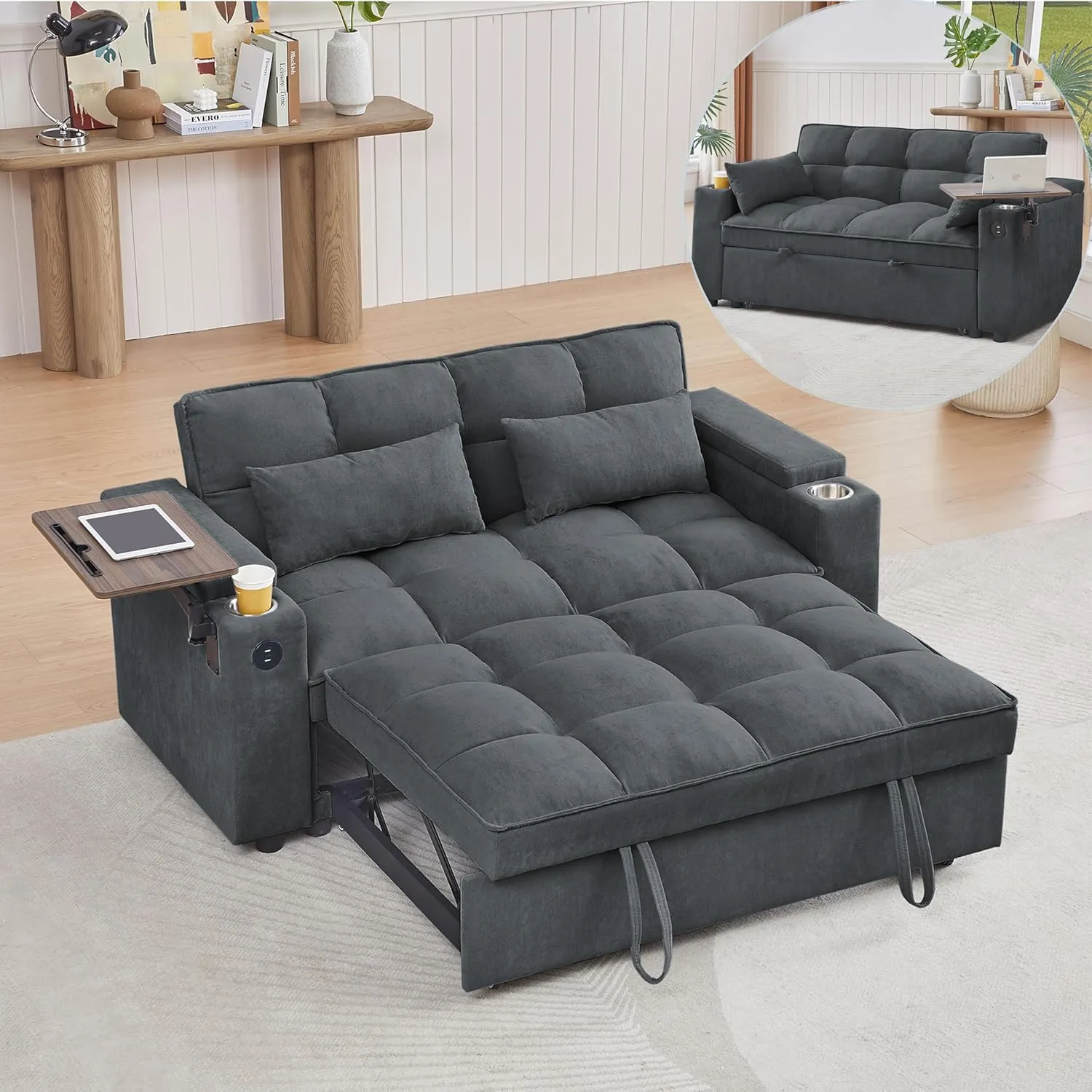 ERYE Oversized Loveseat Sofa Convertible Sleeper Sofabed Modern Multifunctional 3 in 1 Convertible Sleeper Bed with Pull Out Sleep Couch Bed, Armrests Storage, Cupholders, USB Ports and Side Table