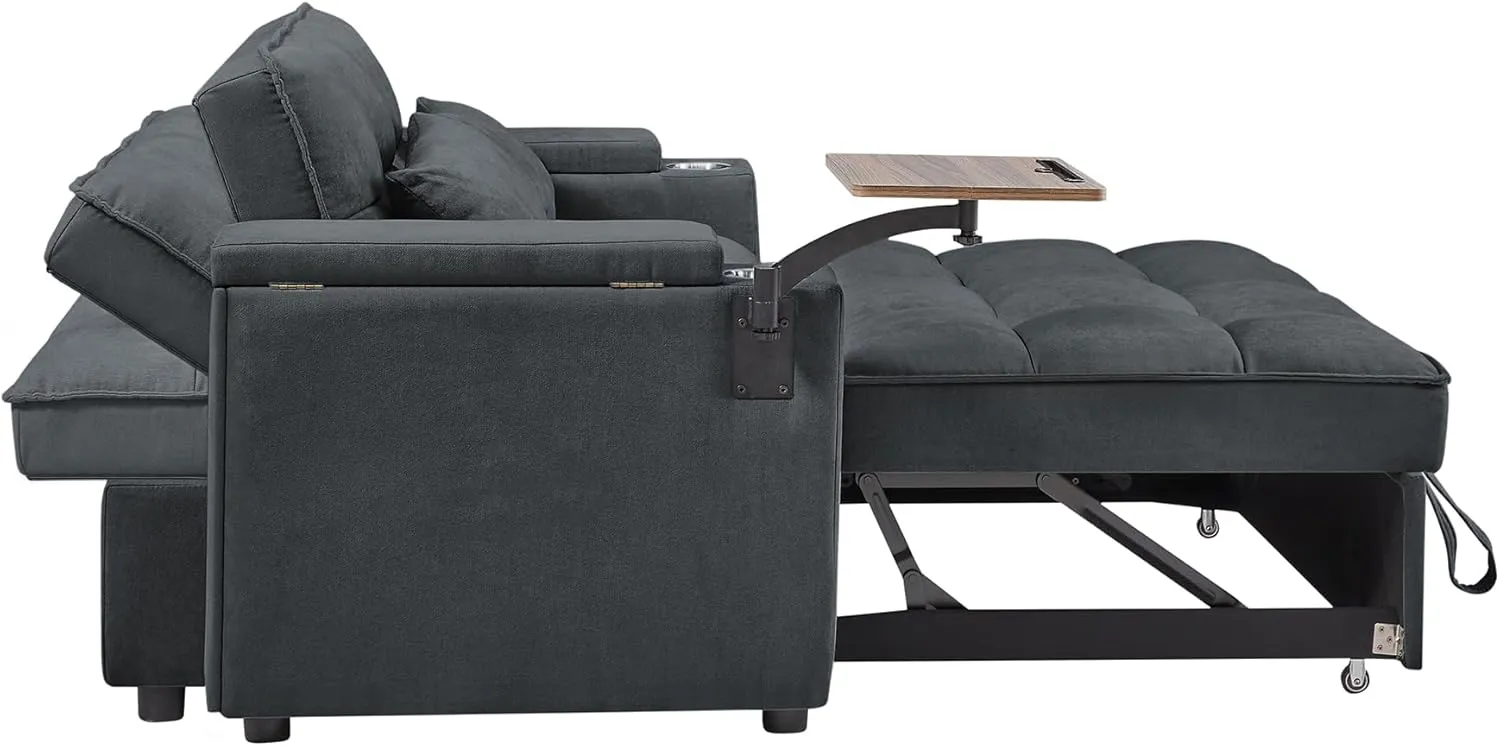 ERYE Oversized Loveseat Sofa Convertible Sleeper Sofabed Modern Multifunctional 3 in 1 Convertible Sleeper Bed with Pull Out Sleep Couch Bed, Armrests Storage, Cupholders, USB Ports and Side Table