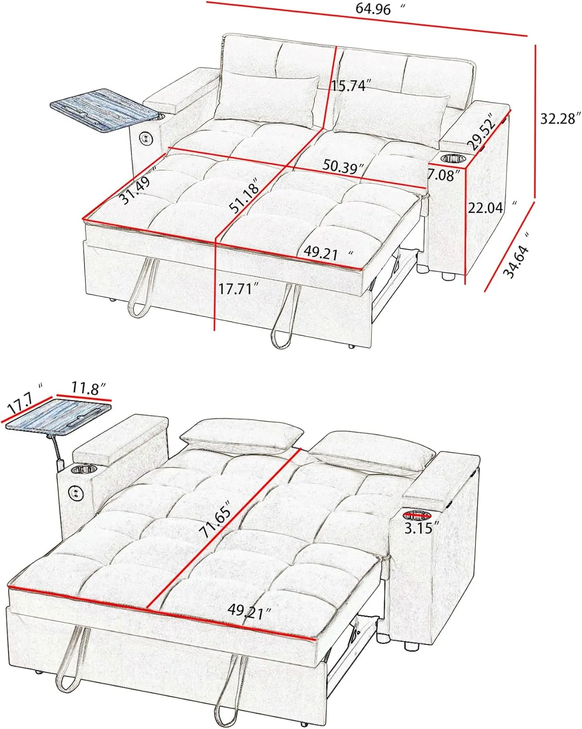 ERYE Oversized Loveseat Sofa Convertible Sleeper Sofabed Modern Multifunctional 3 in 1 Convertible Sleeper Bed with Pull Out Sleep Couch Bed, Armrests Storage, Cupholders, USB Ports and Side Table