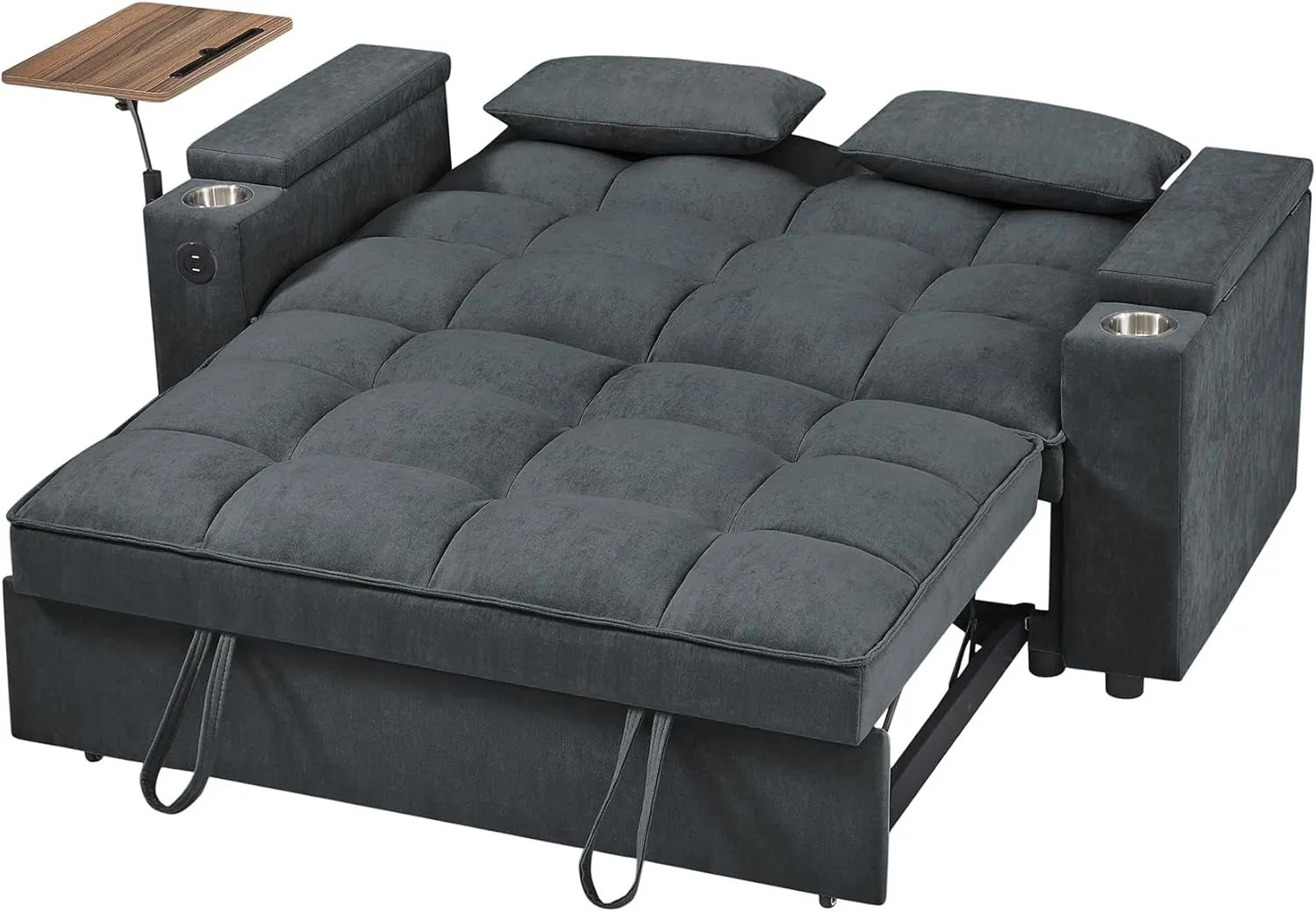 ERYE Oversized Loveseat Sofa Convertible Sleeper Sofabed Modern Multifunctional 3 in 1 Convertible Sleeper Bed with Pull Out Sleep Couch Bed, Armrests Storage, Cupholders, USB Ports and Side Table