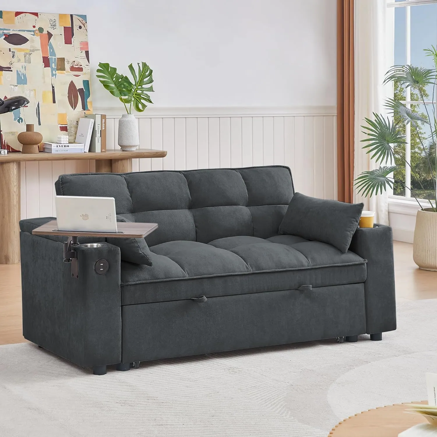 ERYE Oversized Loveseat Sofa Convertible Sleeper Sofabed Modern Multifunctional 3 in 1 Convertible Sleeper Bed with Pull Out Sleep Couch Bed, Armrests Storage, Cupholders, USB Ports and Side Table