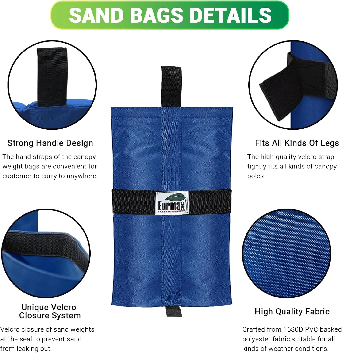 Eurmax USA Weight Bags for Pop up Canopy Outdoor Shelter,Gazebo Instant shelter Leg Canopy Weights, Sand Bags, Set of 4(Blue)