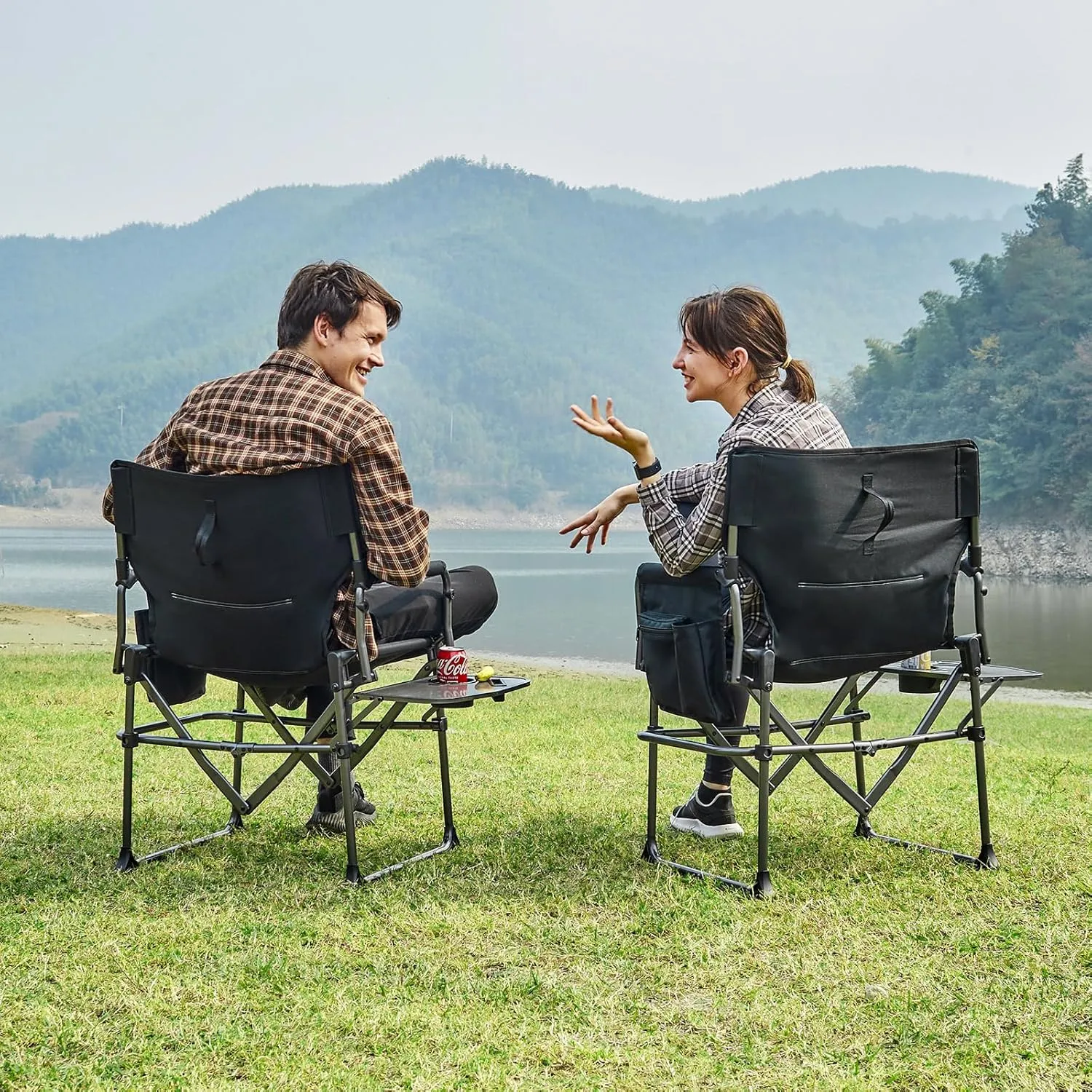 EVER ADVANCED Camping Directors' Chair with Side Table, Portable Folding with Compact Size, Heavy Duty Lawn Chair with Pocket for Camping, Lawn, Sports and Fishing, 400lbs, Black