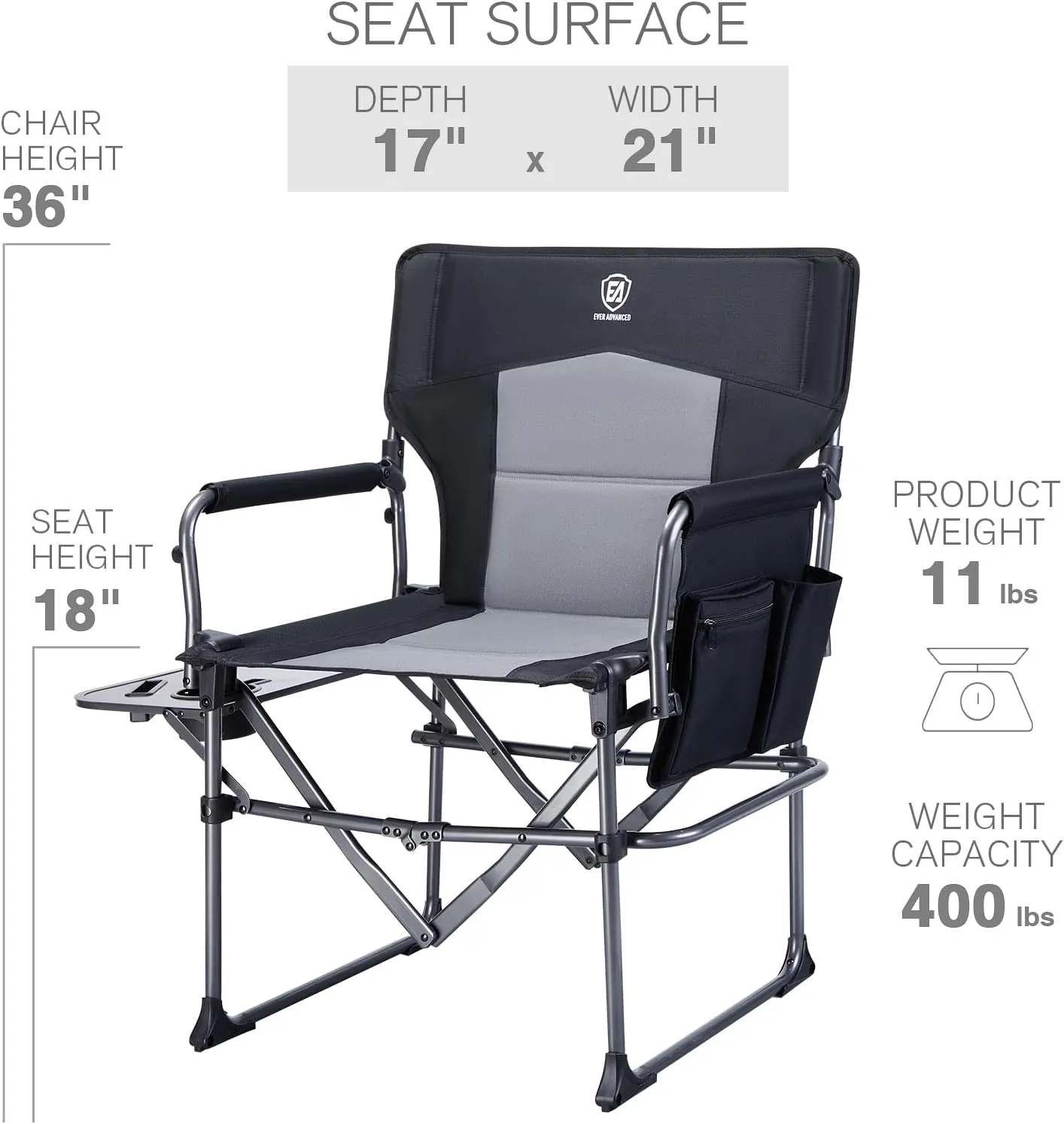 EVER ADVANCED Camping Directors' Chair with Side Table, Portable Folding with Compact Size, Heavy Duty Lawn Chair with Pocket for Camping, Lawn, Sports and Fishing, 400lbs, Black