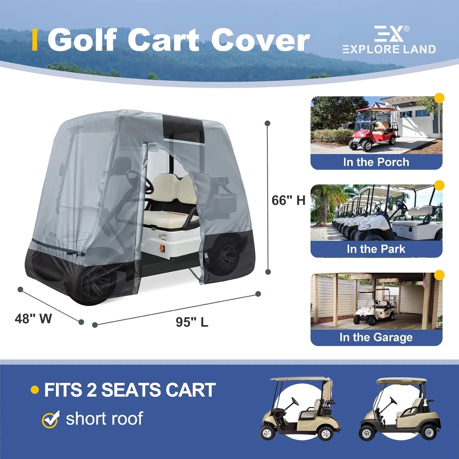 Explore Land 600D Waterproof Golf Cart Cover Universal Fits for Most Brand 2/4/6 Passenger Car (3 Sizes Option)