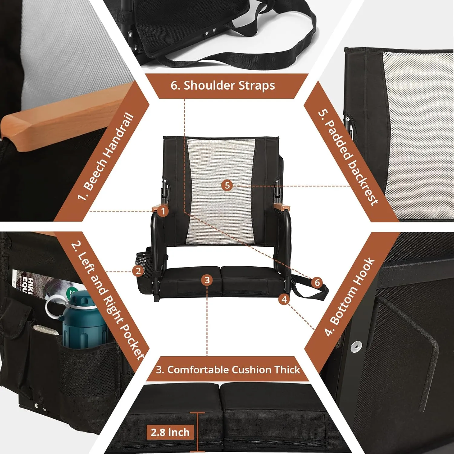 Extra Wide Stadium Seats with Back Support, Comfy Bleacher Chairs with Back Cushion, Cup Holders, and Storage Pockets, Foldable and Portable Bleacher Seat with Armrests