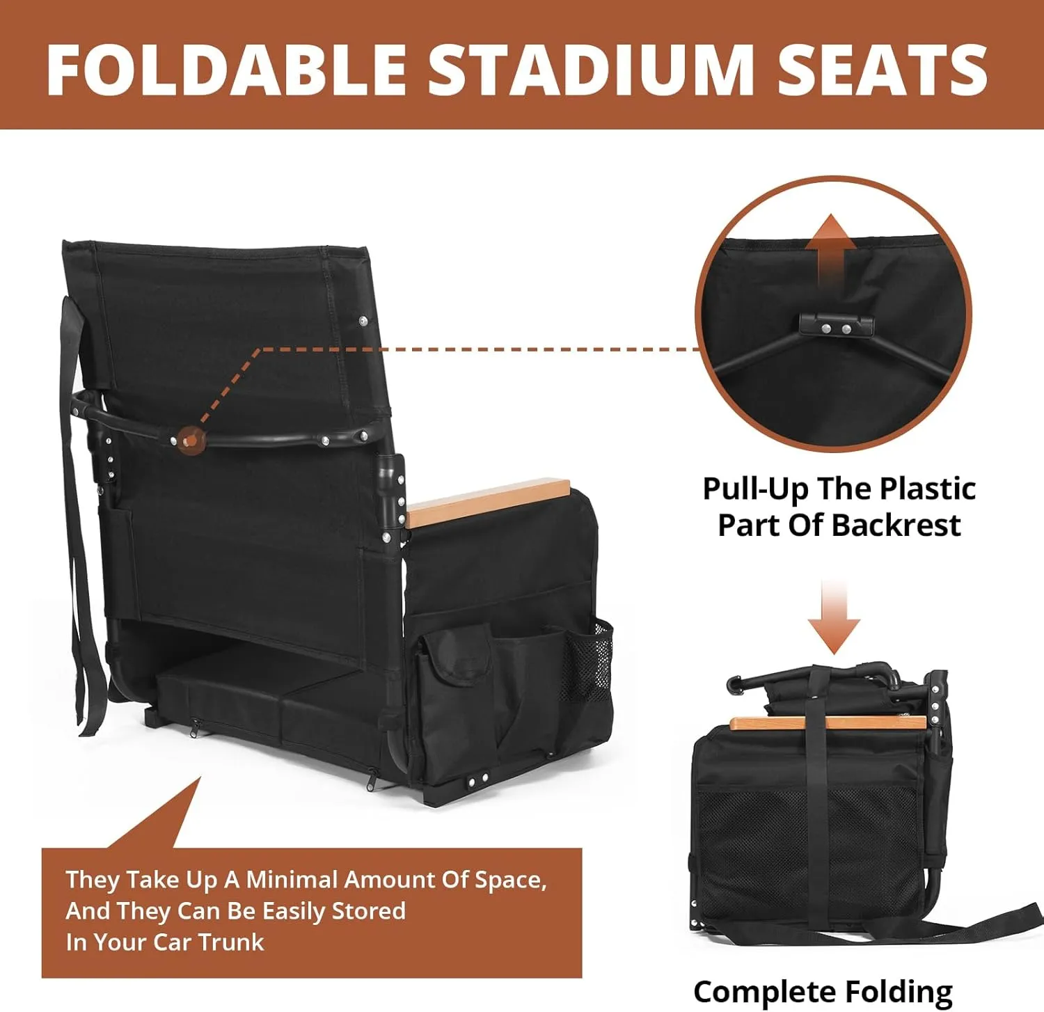 Extra Wide Stadium Seats with Back Support, Comfy Bleacher Chairs with Back Cushion, Cup Holders, and Storage Pockets, Foldable and Portable Bleacher Seat with Armrests