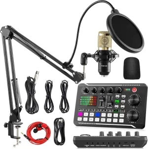 Facmogu Podcast Equipment Bundle, F998 Live Sound Card with BM800 Recording Studio Microphone, Professional Live Sound Card w/Dj Mixer Effects & Voice Changer for Live Streaming Gaming YouTube TikTok